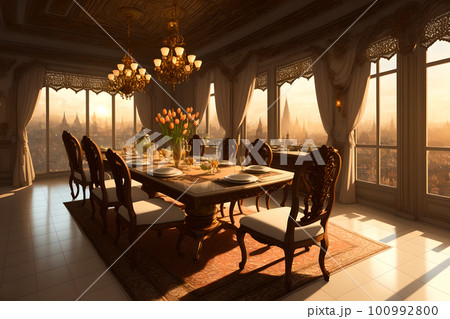 Well designed luxury royal banquet hall showcase interior in ceuropean classic style, AI generated 100992800