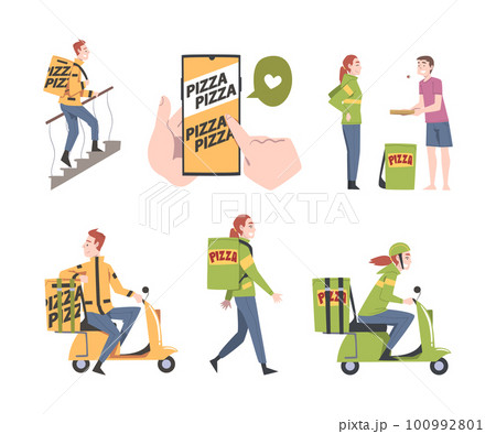 Pizza Delivery Service with Man and Woman Courier with Box Vector Set Pizza Delivery Service with Man and Woman Courier with Box Vector Set 100992801