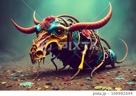 Hellish monster with fangs and horns, rotted flesh, empty eye sockets with mad gaze, bloody mouth, bones exposed, aggressive and terrifying. AI generated 100992844