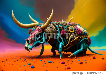 Hellish monster with fangs and horns, rotted flesh, empty eye sockets with mad gaze, bloody mouth, bones exposed, aggressive and terrifying. AI generated 100992845