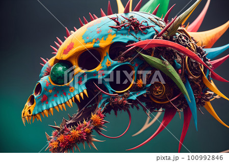 Hellish monster with fangs and horns, rotted flesh, empty eye sockets with mad gaze, bloody mouth, bones exposed, aggressive and terrifying. AI generated 100992846