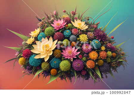 Fantasy big colorful bunch of flowers at blurred colors background. AI generated 100992847