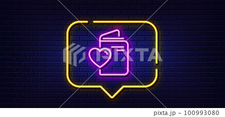 Neon light speech bubble. Love document line icon. Wedding passport sign. Couple relationships symbol. Neon light background. Love document glow line. Brick wall banner. Vector 100993080