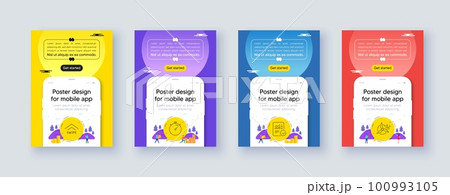 Simple set of Timer, Checked calculation and Swipe up line icons. Poster offer design with phone interface mockup. Include Windmill turbine icons. For web, application. Vector Simple set of Timer, Checked calculation and Swipe up line icons. Poster offer design with phone interface mockup. Include Windmill turbine icons. For web, application. Vector 100993105