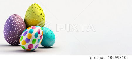 Easter eggs arranged in a colorful bunch on a white canvas. Generative AI. Easter eggs arranged in a colorful bunch on a white canvas. Generative AI. 100993109