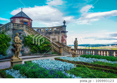 A beautiful garden in the Marienberg fortress in Wurzburg and you can barely see the city 100993123