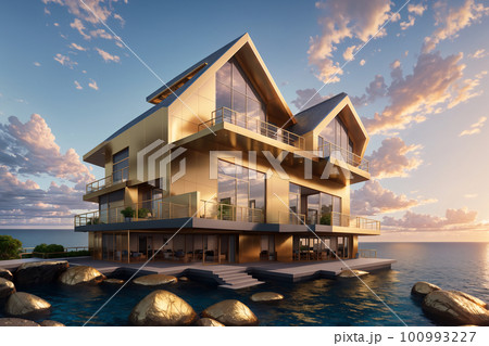 Futuristic luxury house with open swimming pool at sea shore, in tropical country. Green lush plants, golden hour in light of sunset, vanilla clouds at tender sky. Ai generated. 100993227