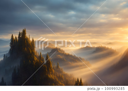 Beautiful autumn forest landscape at golden hour sunset, fog in lowlands. AI generated 100993285