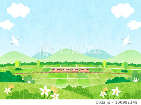 田舎を走る電車と新緑の田園風景 自然あふれる水彩背景イラスト 100993348