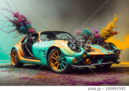 Partially destructed, decayed premium sportcar unically painted, in multicolor fog. AI generated, this is not real existing model 100993582