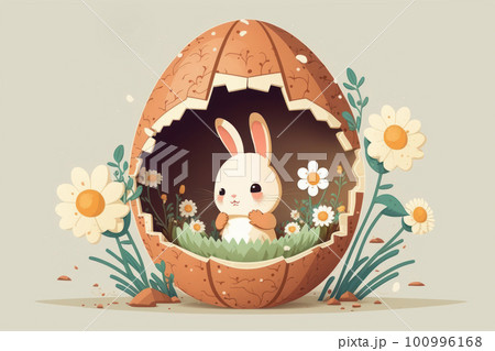 Happy easter concept. Cute easter bunny rabbit inside a cracked egg and flower, flat design. Happy easter concept. Cute easter bunny rabbit inside a cracked egg and flower, flat design. 100996168