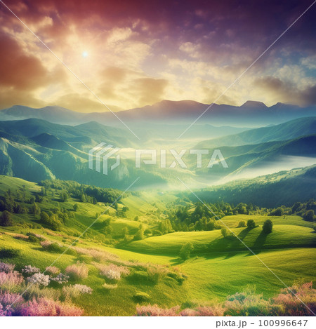 Beautiful summer landscape with mountains, hills and nature 100996647