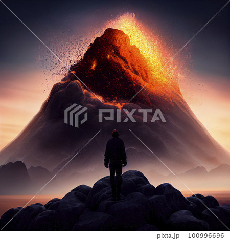A man stands in front of an active volcano 100996696
