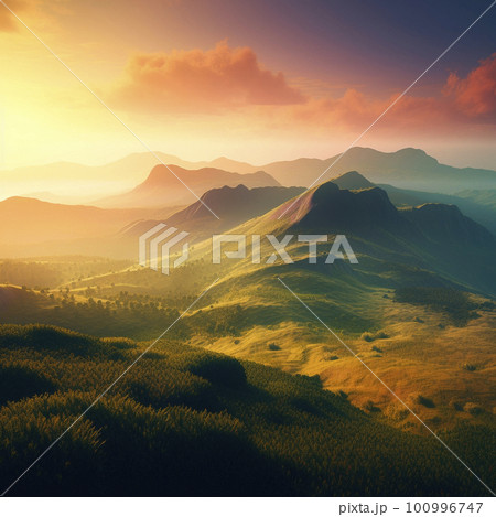 Beautiful summer landscape with mountains, hills and nature 100996747