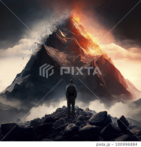 A man stands in front of an active volcano 100996884