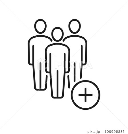 Group of people with plus sign isolated thin line icon. Vector business team need new workers, need of assistance, support and help for community society 100996885