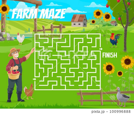 Labyrinth maze, help the old farmer find a rooster and goose. Kids vector worksheet boardgame with cartoon man villager searching birds on ranch, tangled path, start and finish, recreational riddle 100996888
