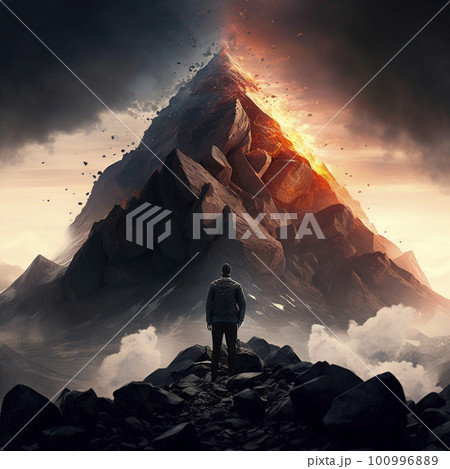 A man stands in front of an active volcano 100996889