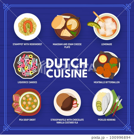 Dutch cuisine menu and food of Netherlands with stamppot, stroopwafel and bitterballen, vector. Dutch cuisine gourmet cheese plate and herring for restaurant dinner, rookworst sausage and lunch meals 100996894