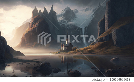 Stunning beautiful mountain scenery with open skies and surroundings. Fantasy and cinematic mountains Stunning beautiful mountain scenery with open skies and surroundings. Fantasy and cinematic mountains 100996933