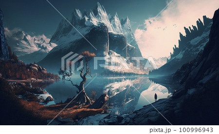 Stunning beautiful mountain scenery with open skies and surroundings. Fantasy and cinematic mountains Stunning beautiful mountain scenery with open skies and surroundings. Fantasy and cinematic mountains 100996943