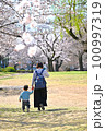 桜咲く公園で散歩する親子 100997319