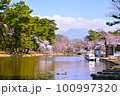 桜咲く公園と池と赤城山 100997320