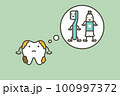 dirty tooth with dental plaque thinking of toothbrush and toothpaste - teeth cartoon vector flat style 100997372