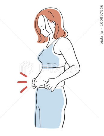 お腹のぜい肉を気にする女性のイラスト素材 お腹のぜい肉を気にする女性のイラスト素材 100997956