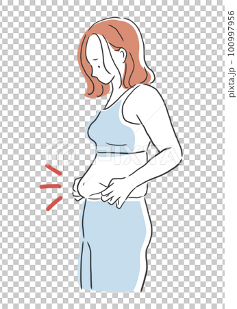お腹のぜい肉を気にする女性のイラスト素材 お腹のぜい肉を気にする女性のイラスト素材 100997956