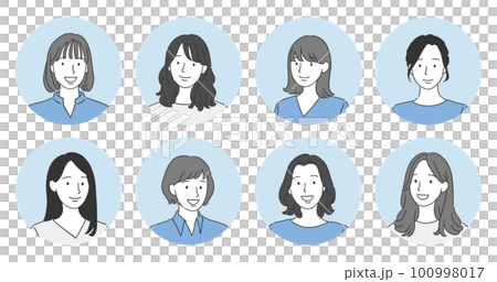 Round icon set of a woman with a bright expression 100998017