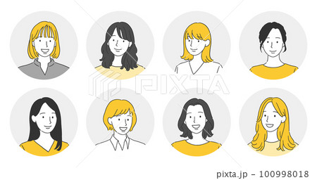 色々な女性の笑顔の丸アイコンセット 100998018
