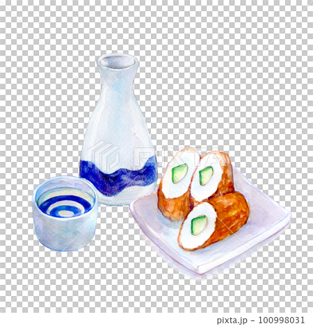 日本酒とちくわきゅうり 晩酌セット 水彩イラスト 日本酒とちくわきゅうり 晩酌セット 水彩イラスト 100998031