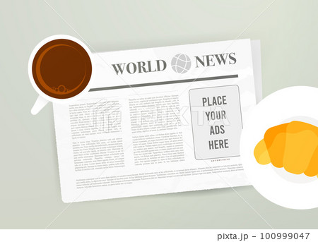 Advertising space on newspaper concept. Potential ad placement. Reading press at breakfast with cup of coffee and croissant. Increase brand visibility, attract new customers with print advertising 100999047