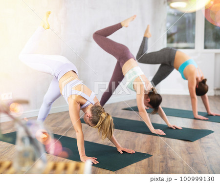 Women in activewear performing basic pose Downward Facing Dog Adho Mukha Svanasana during yoga class in studio Women in activewear performing basic pose Downward Facing Dog Adho Mukha Svanasana during yoga class in studio 100999130