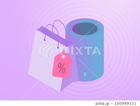 Voice search shopping is powerful digital marketing strategy using sound recognition technology. Experience future of e-commerce with shopping via smart speakers. Shopping bag with discount price tag 100999131