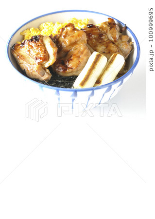 そぼろ玉子と焼き葱と刻み海苔も一緒に乗ってる照り焼きチキン丼を白背景で撮影 そぼろ玉子と焼き葱と刻み海苔も一緒に乗ってる照り焼きチキン丼を白背景で撮影 100999695