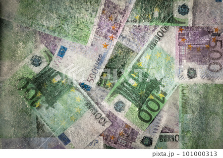 Blurred photo of one hundred and five hundred euros are defrosted in ice. The European cash currency is frozen. Blurred photo of one hundred and five hundred euros are defrosted in ice. The European cash currency is frozen. 101000313