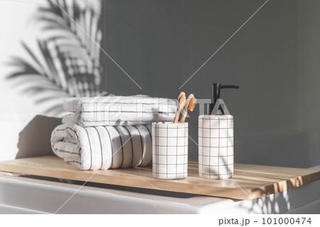 Bathroom domestic spa procedure body care tools arrangement minimal ecology space organization 101000474