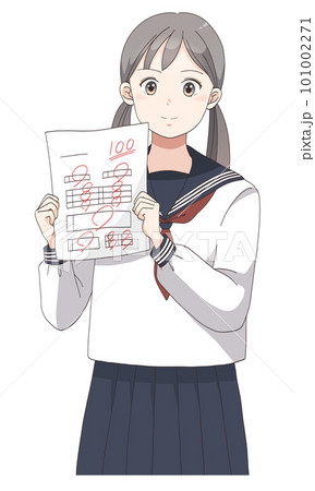 テストで100点満点を取る学生服の女の子(ツインテールへア) 101002271