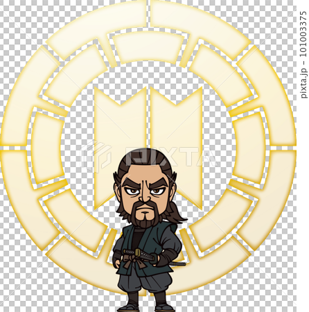 Handsome Hattori Hanzo Masanari standing with his hands on the scabbard [3 heads, family crest] 101003375