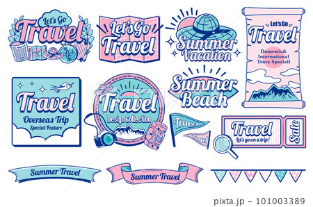 アメリカンビンテージ風クールでおしゃれな夏旅行・トラベルのデザインタイトルロゴセット_主線青ピンク 101003389