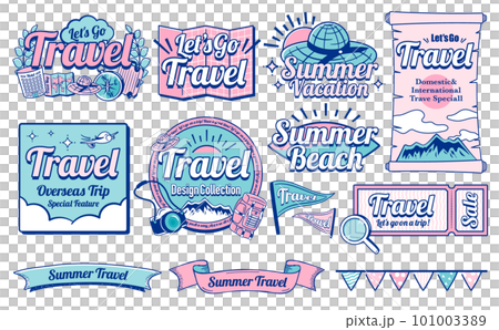 アメリカンビンテージ風クールでおしゃれな夏旅行・トラベルのデザインタイトルロゴセット_主線青ピンク 101003389