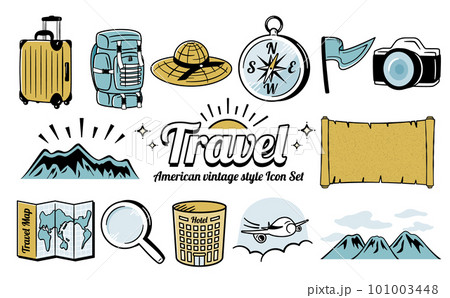 アメリカンビンテージ風クールでおしゃれな夏旅行・トラベルのデザインアイコンイラストセット_ベージュ 101003448