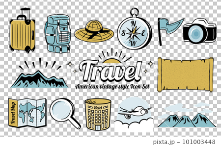 アメリカンビンテージ風クールでおしゃれな夏旅行・トラベルのデザインアイコンイラストセット_ベージュ 101003448