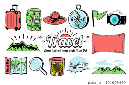 アメリカンビンテージ風クールでおしゃれな夏旅行・トラベルのデザインアイコンイラストセット_赤黄緑 アメリカンビンテージ風クールでおしゃれな夏旅行・トラベルのデザインアイコンイラストセット_赤黄緑 101003449