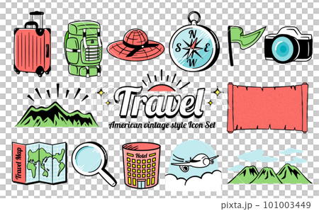 アメリカンビンテージ風クールでおしゃれな夏旅行・トラベルのデザインアイコンイラストセット_赤黄緑 アメリカンビンテージ風クールでおしゃれな夏旅行・トラベルのデザインアイコンイラストセット_赤黄緑 101003449