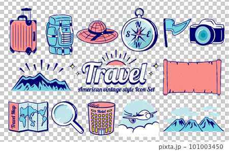 American vintage style cool and stylish summer travel/travel design icon illustration set_main line blue American vintage style cool and stylish summer travel/travel design icon illustration set_main line blue 101003450