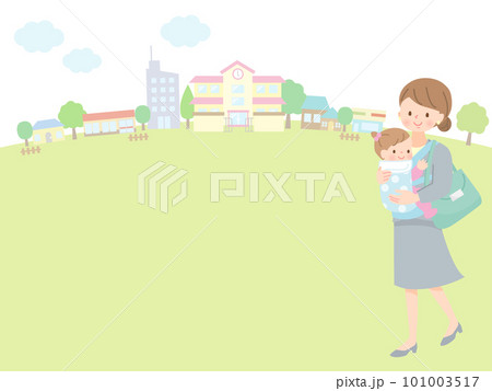 赤ちゃんを保育園に送り迎えをするスーツ姿のママ 赤ちゃんを保育園に送り迎えをするスーツ姿のママ 101003517