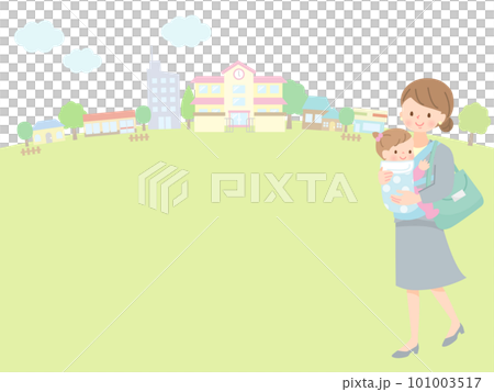 赤ちゃんを保育園に送り迎えをするスーツ姿のママ 赤ちゃんを保育園に送り迎えをするスーツ姿のママ 101003517